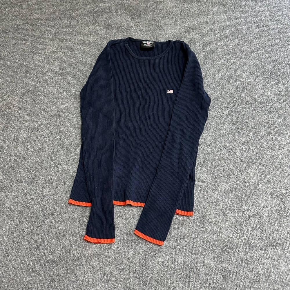 Polo Jeans Co. Sweater Mens Size S Navy Ribbed Cotton Orange Trim Flag Logo Fair